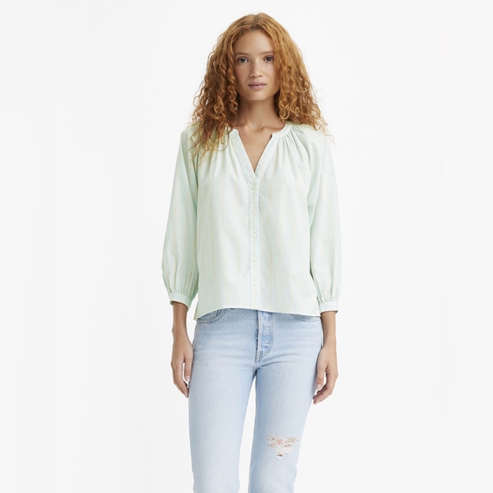 Levi's Light Blue Lainey Blouse with Subtle Stripes Pastel Button Front XL
